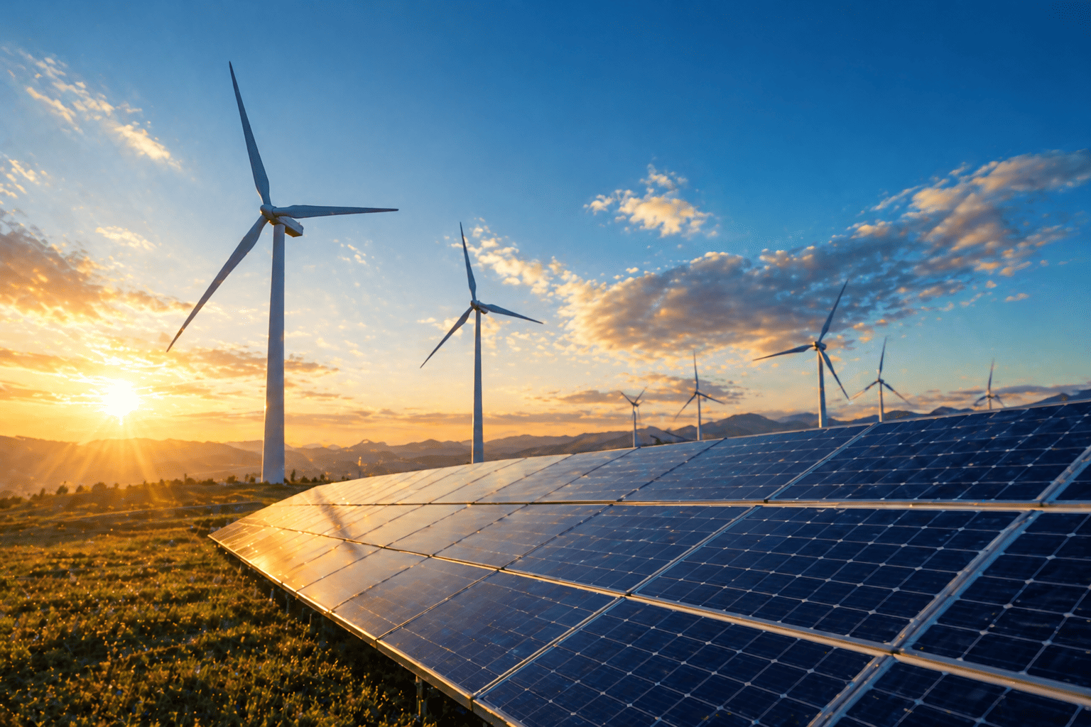 Sektor energetyczny — turbiny wiatrowe i panele słoneczne o zachodzie słońca