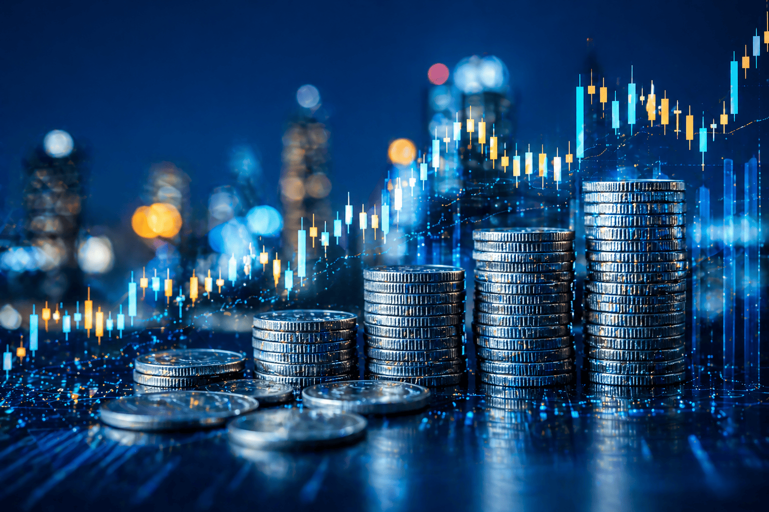 Finanse — stosy monet i wykresy giełdowe